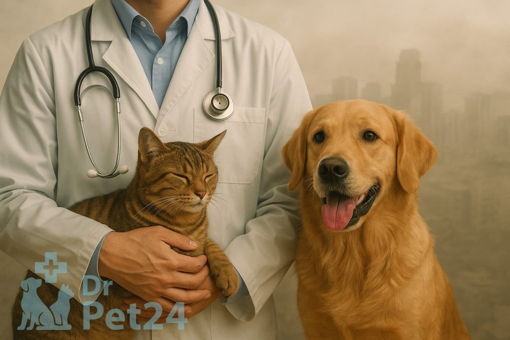 دامپزشک در حال نگه‌داشتن گربه و حضور سگ کنار او با پس‌زمینه آلودگی هوای تهران