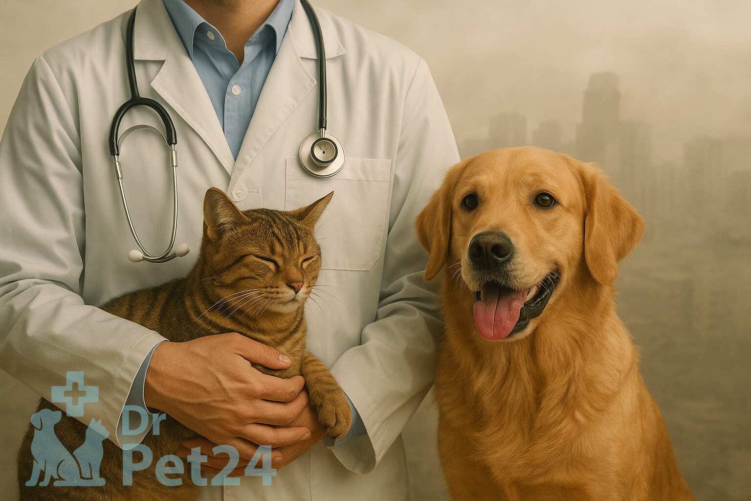 دامپزشک در حال نگه‌داشتن گربه و حضور سگ کنار او با پس‌زمینه آلودگی هوای تهران