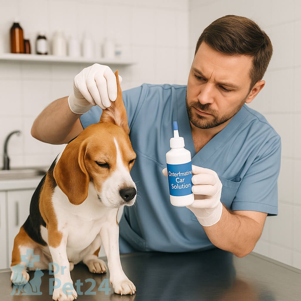 veterinarian cleaning dog ear with chlorhexidine solution