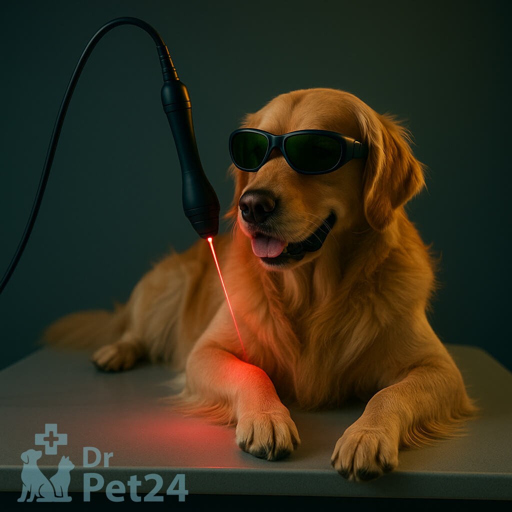 سگ گلدن رتریور با عینک محافظ زیر نور لیزر قرمز که روی پنجه تابیده می‌شود، در محیطی با نورپردازی تیره و حرفه‌ای.