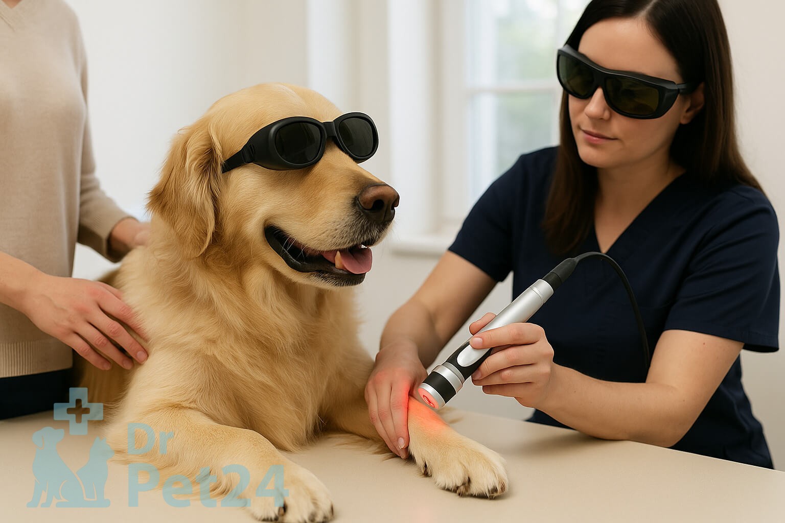 یک سگ گلدن رتریور با عینک محافظ لیزر روی میز دامپزشکی در حال دریافت لیزر درمانی از دامپزشکی با عینک ایمنی