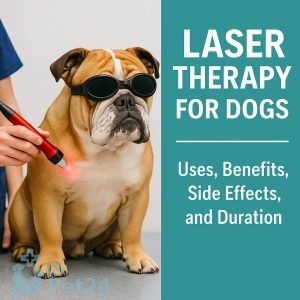 بولداگ با عینک محافظ لیزر در حال دریافت لیزر درمانی روی شانه از دامپزشک، با بخش گرافیکی شامل متن Laser Therapy for Dogs