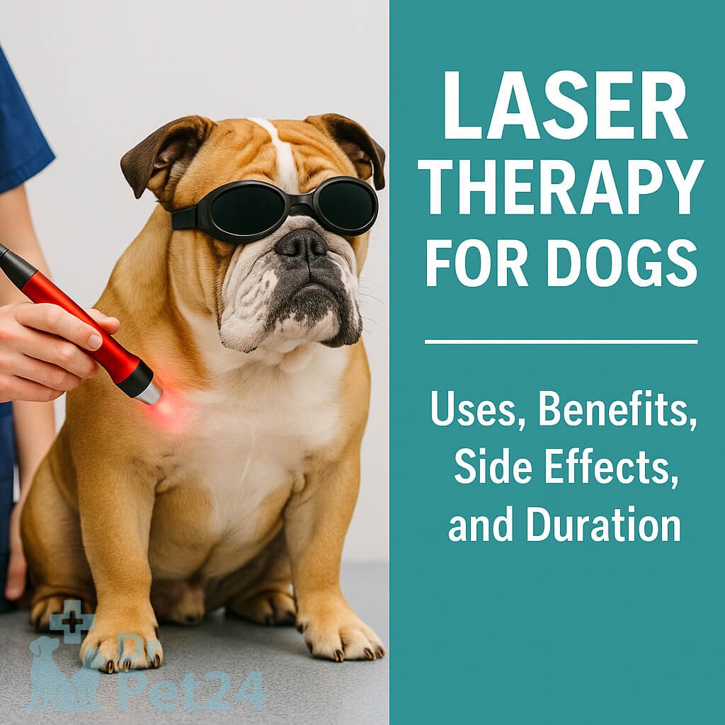 بولداگ با عینک محافظ لیزر در حال دریافت لیزر درمانی روی شانه از دامپزشک، با بخش گرافیکی شامل متن Laser Therapy for Dogs