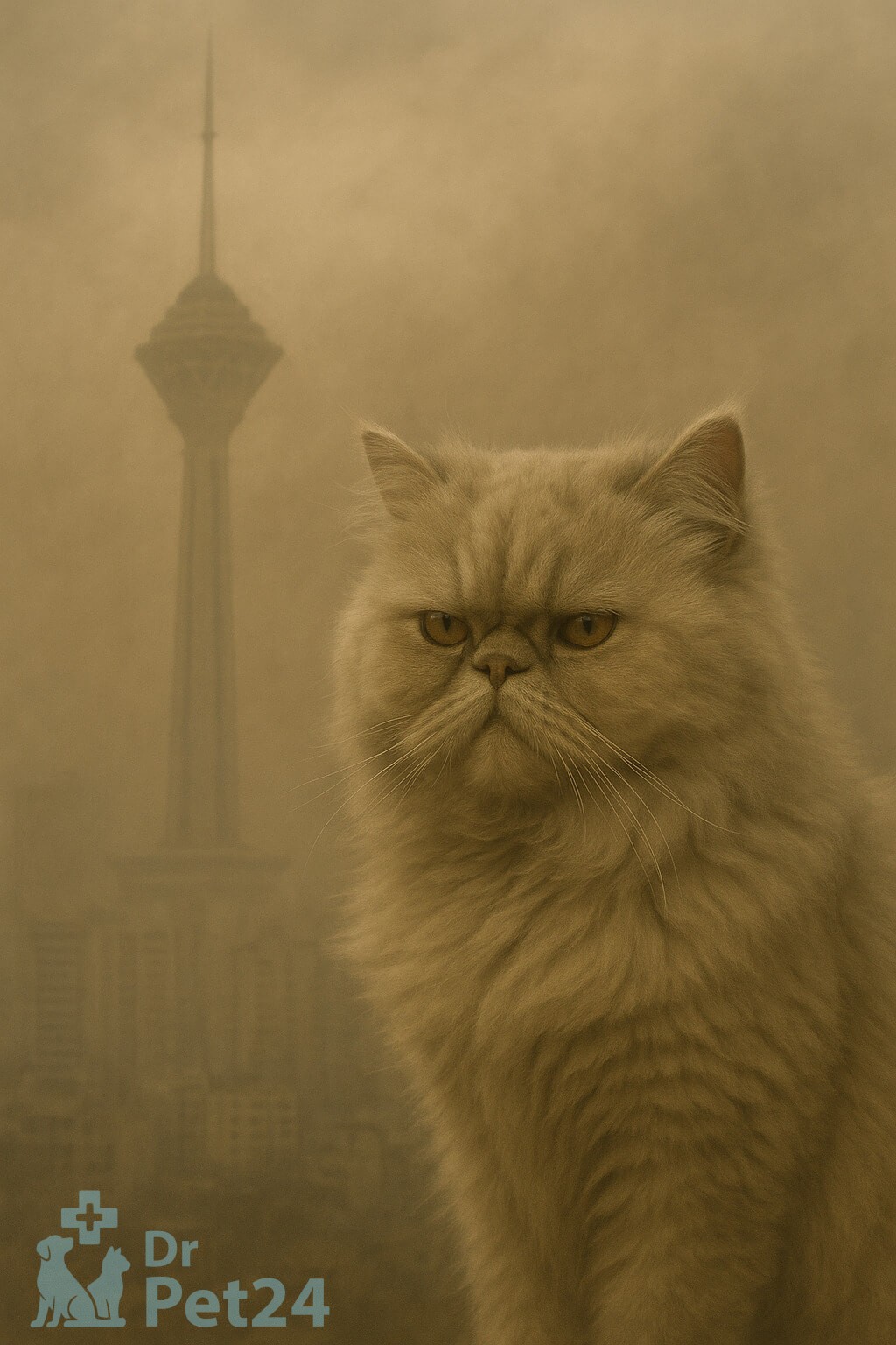 گربه پرشین در آلودگی هوای تهران با نمای برج میلاد در پس‌زمینه