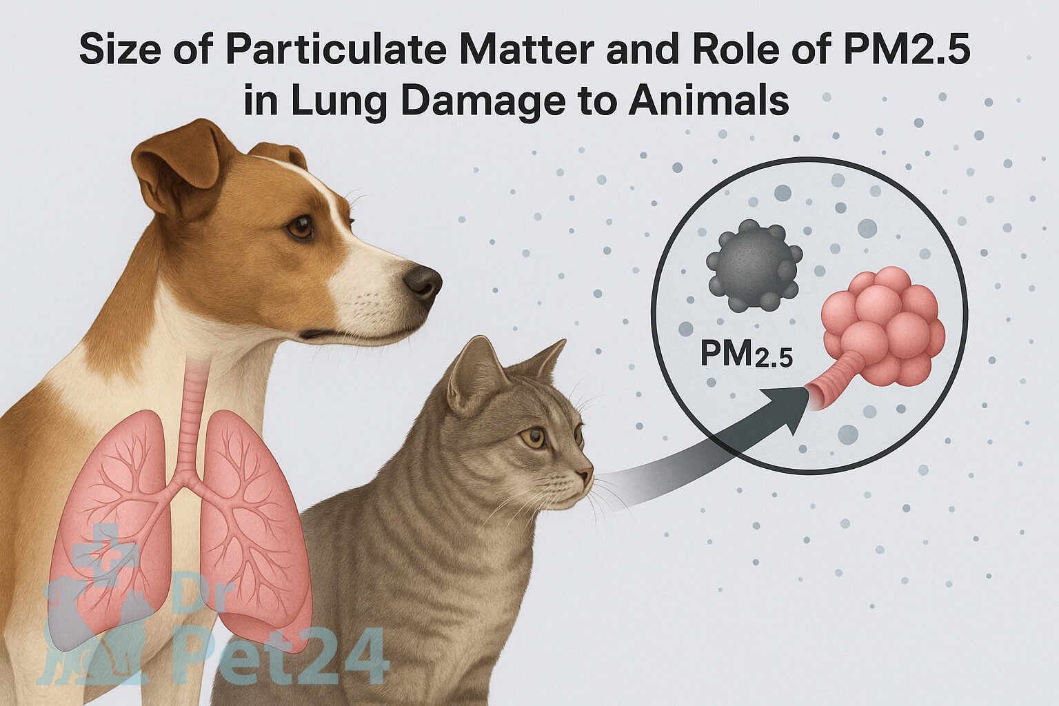  سگ و گربه همراه با نمایش ریه‌ و ذرات معلق PM2.5 که نشان می‌دهد این ذرات چگونه وارد آلوئول‌های ریه حیوانات می‌شوند و باعث آسیب تنفسی می‌گردند
