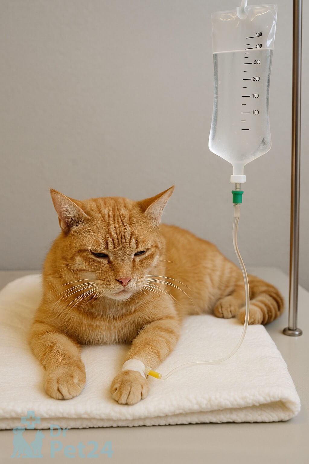 یک گربه بیحال در حال دریافت سرم در کلینیک دامپزشکی