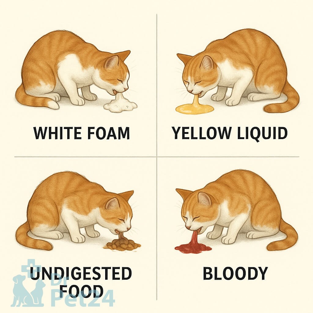 «انواع استفراغ در گربه شامل کف سفید، مایع زرد، غذای هضمنشده و استفراغ خونی – تصویر آموزشی»