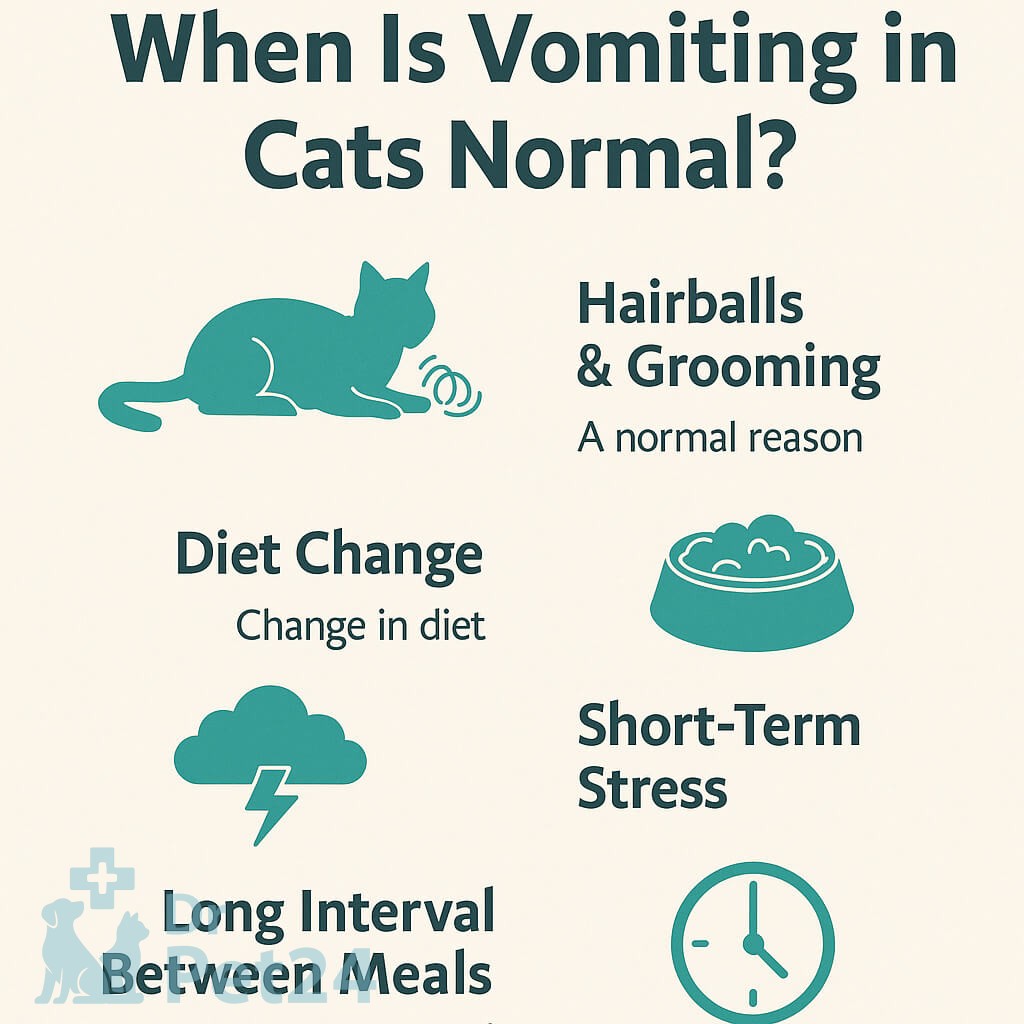 Infographic showing normal causes of vomiting in cats – hairballs, diet change, short-term stress, long intervals between meals