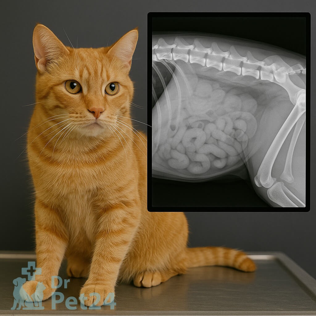تصویر ترکیبی گربه نارنجی همراه با رادیوگرافی شکم شامل رودهها و ساختارهای شکمی